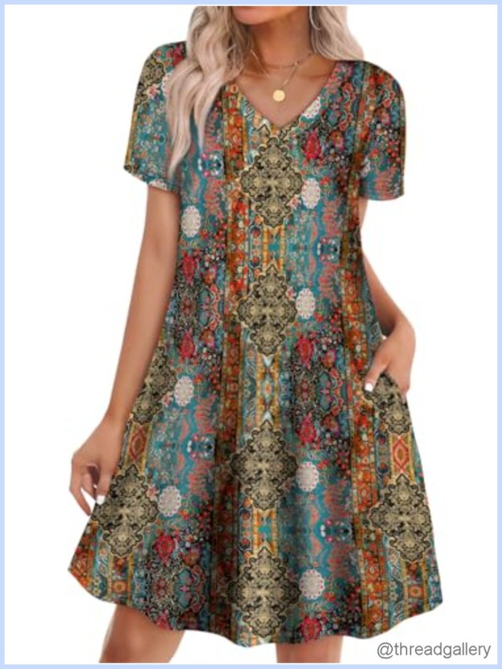 Womens Boho Floral T Shirt Dress with Pockets V-Neck A-Line Summer Casual